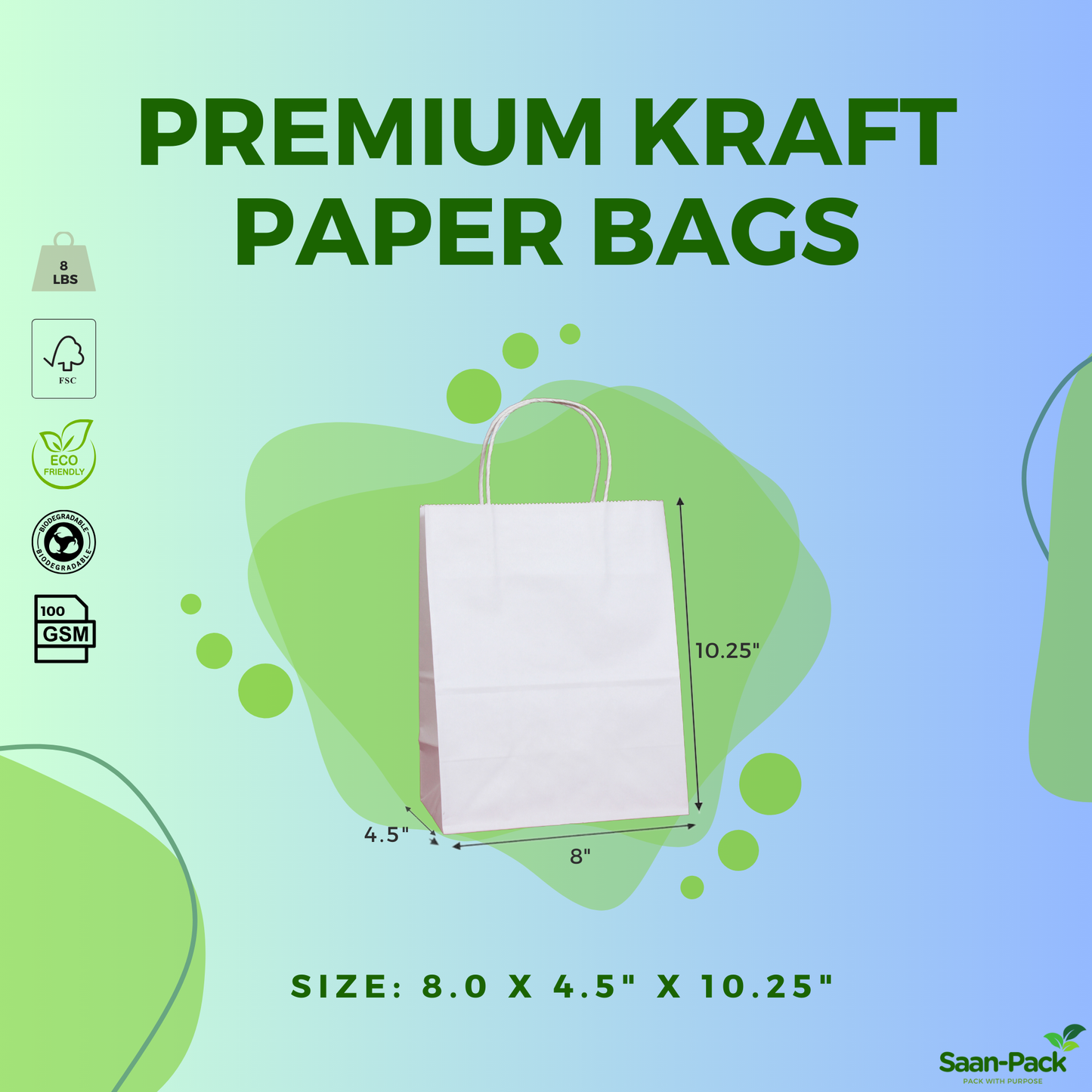 Saan-Pack Medium  8" x 4.5" x 10.25" White Paper Bag